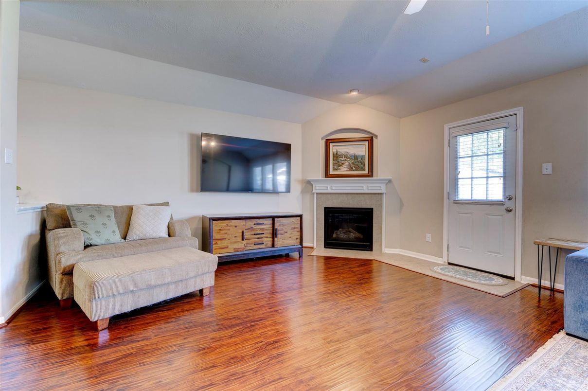 Fireplace, Interior, Recessed Lighting, Wood Texture Flooring