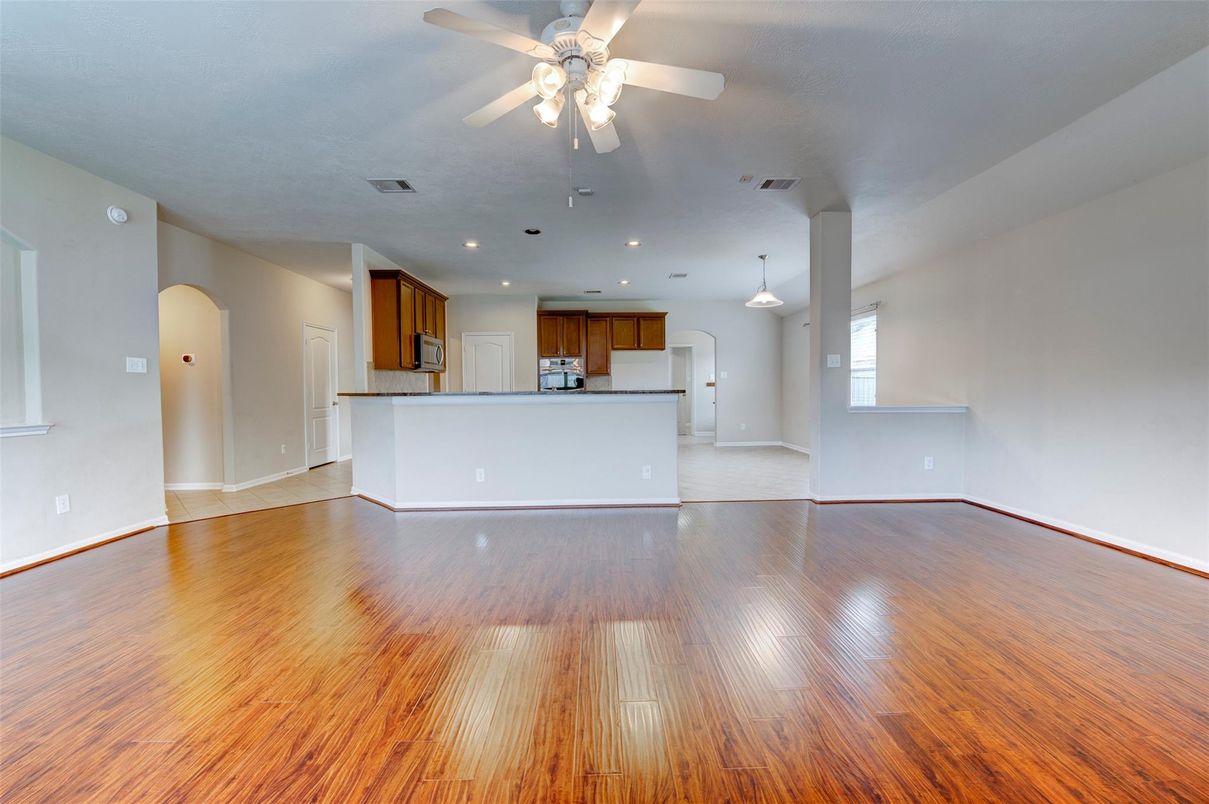 Empty room, Interior, Kitchen, Pendant Lights, Recessed Lighting, Wood Texture Flooring