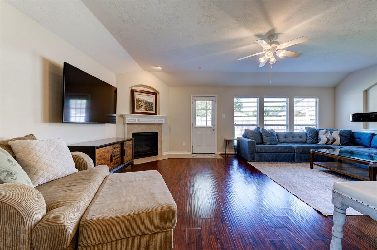 Fireplace, Interior, Living room, Recessed Lighting, Wood Texture Flooring