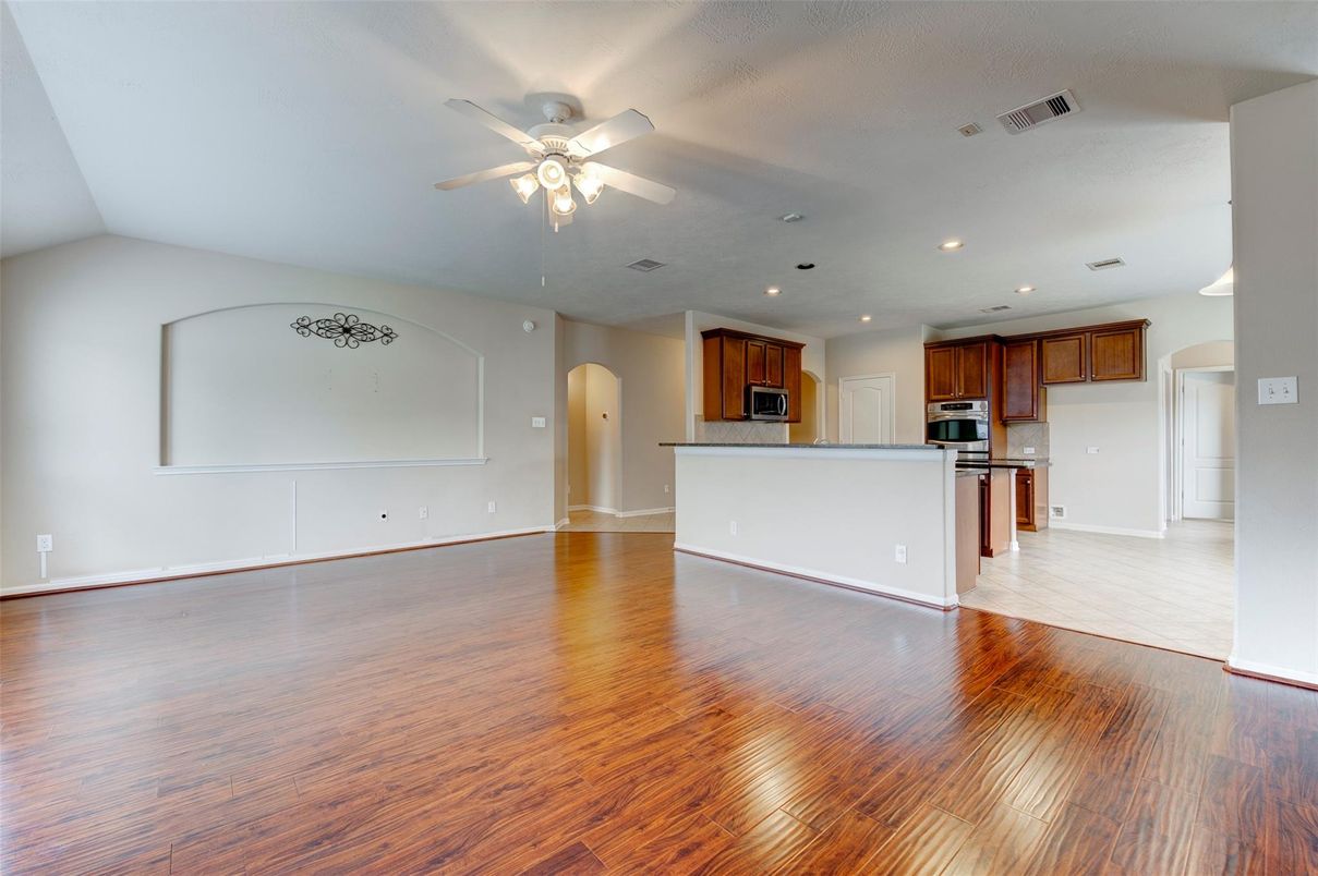 Empty room, Interior, Kitchen, Recessed Lighting, Wood Texture Flooring