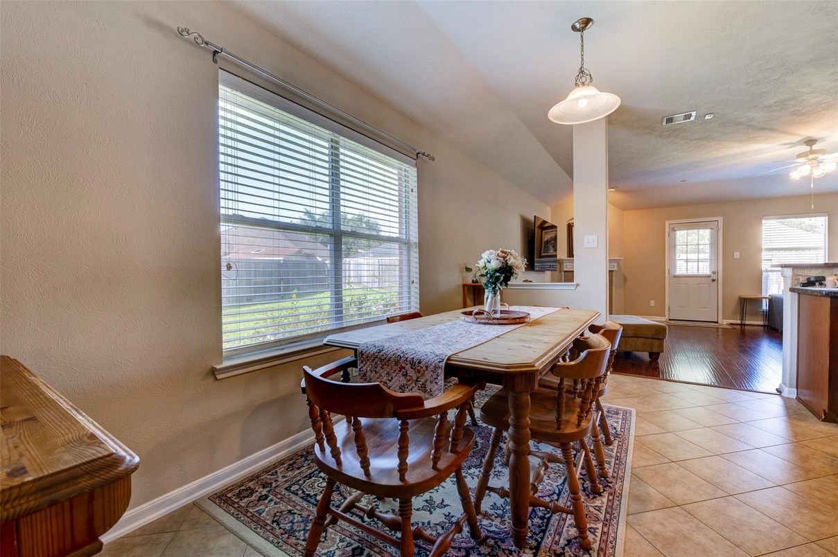 Dining room, Interior, Pendant Lights, Wood Texture Flooring