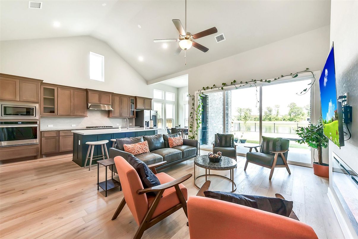 Interior, Kitchen, Living room, Recessed Lighting, Stainless Steel Appliances, Wood Texture Flooring