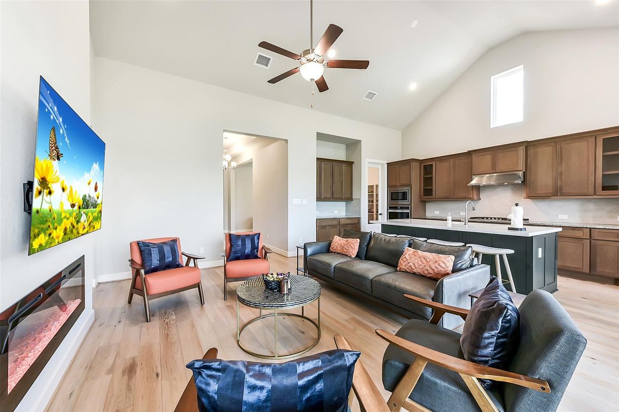 Interior, Kitchen, Living room, Recessed Lighting, Stainless Steel Appliances, Wood Texture Flooring