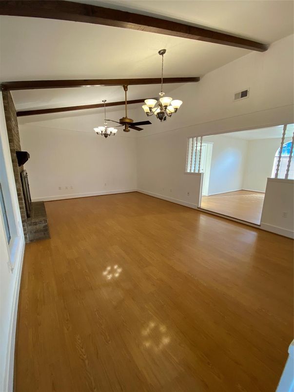 Chandelier, Empty room, Interior, Wooden Beams, Wood Texture Flooring