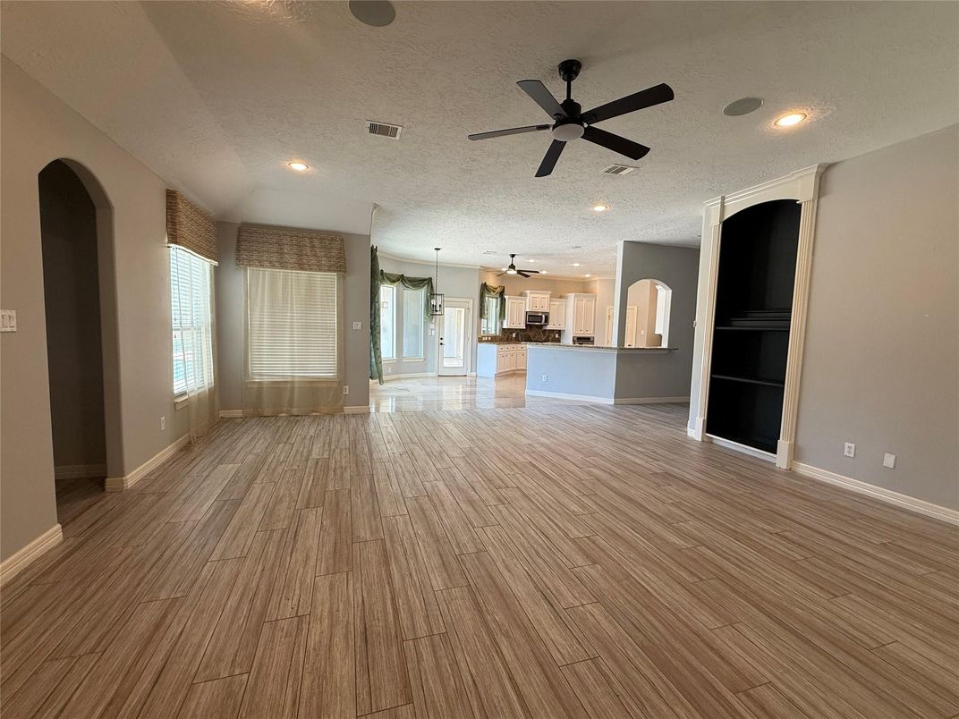 Empty room, Interior, Kitchen, Pendant Lights, Recessed Lighting, Wood Texture Flooring