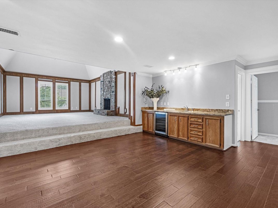 Empty room, Fireplace, Interior, Recessed Lighting, Wood Texture Flooring