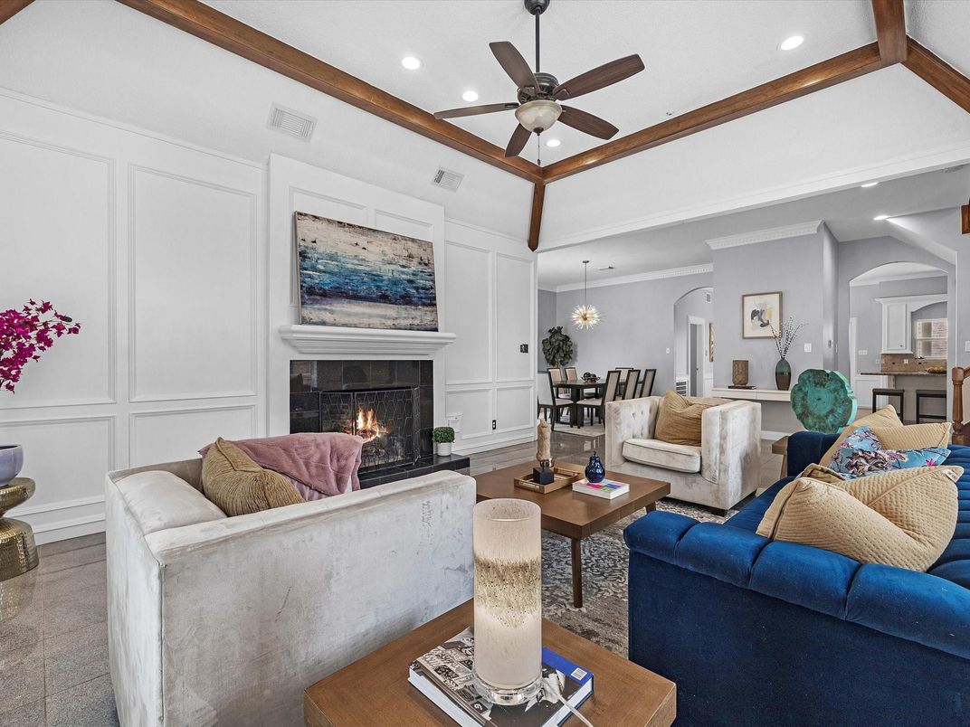 Chandelier, Dining room, Fireplace, Interior, Living room, Recessed Lighting