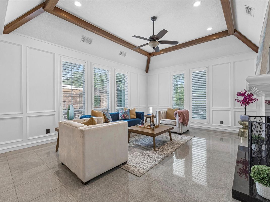 Interior, Living room, Recessed Lighting, Wooden Beams