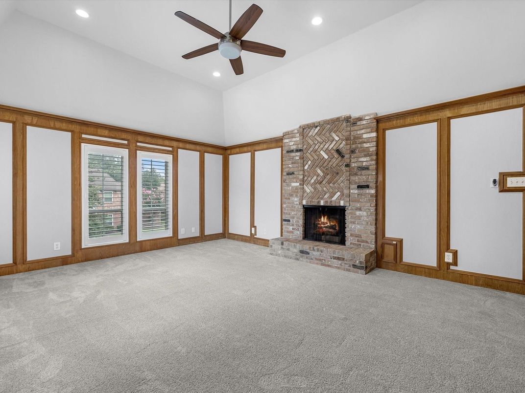 Empty room, Fireplace, Interior, Recessed Lighting, Stone Walls