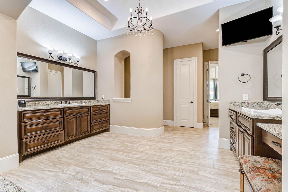 Bathroom, Chandelier, Dual Sink Vanities, Interior, Wood Texture Flooring