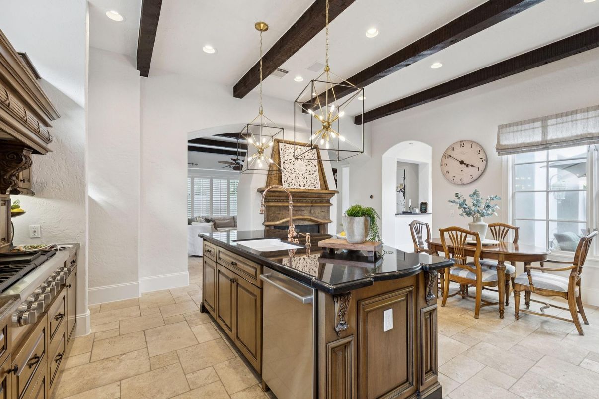 Dining room, Fireplace, Interior, Kitchen, Pendant Lights, Recessed Lighting, Stainless Steel Appliances, Wooden Beams