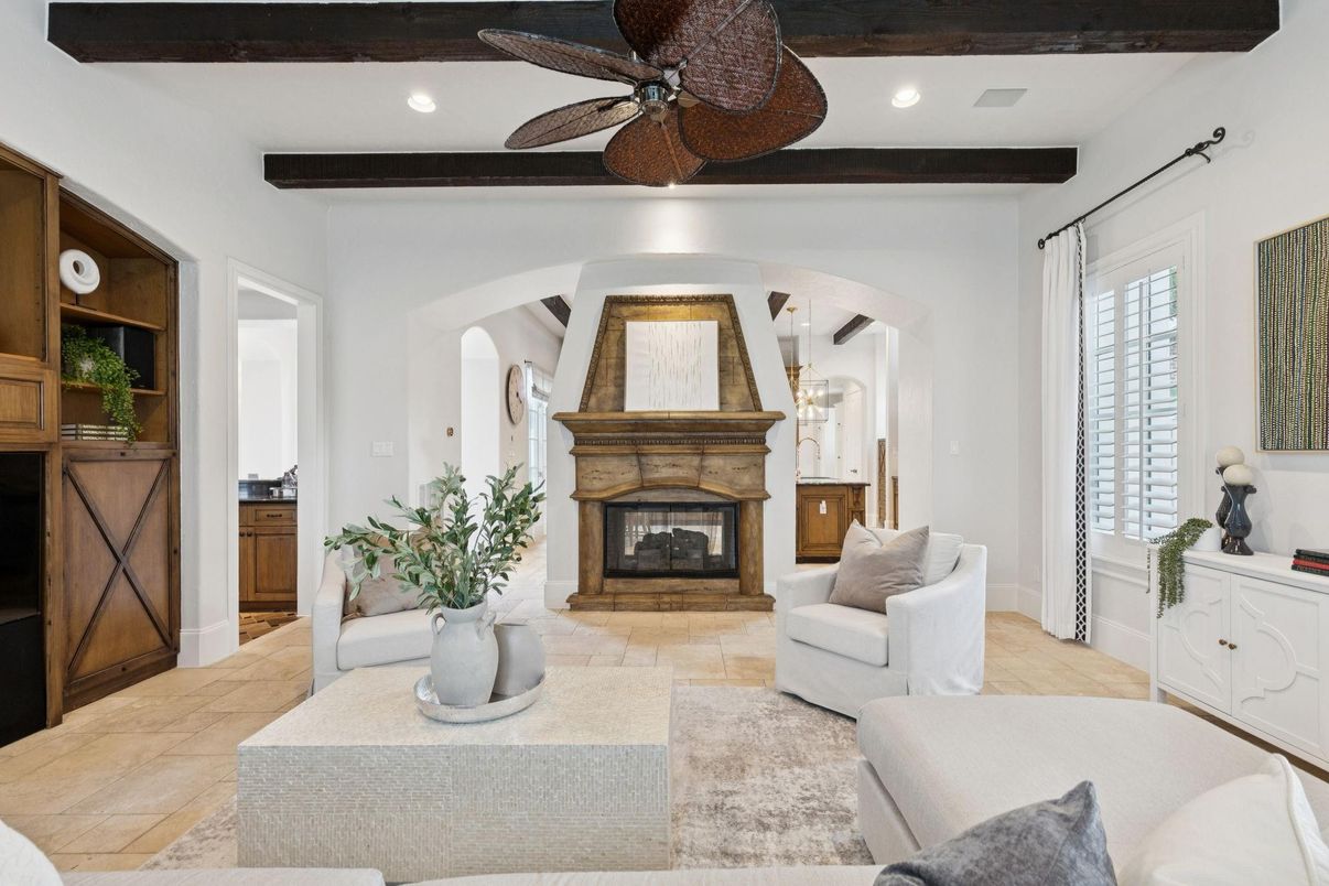 Fireplace, Interior, Living room, Recessed Lighting, Wooden Beams