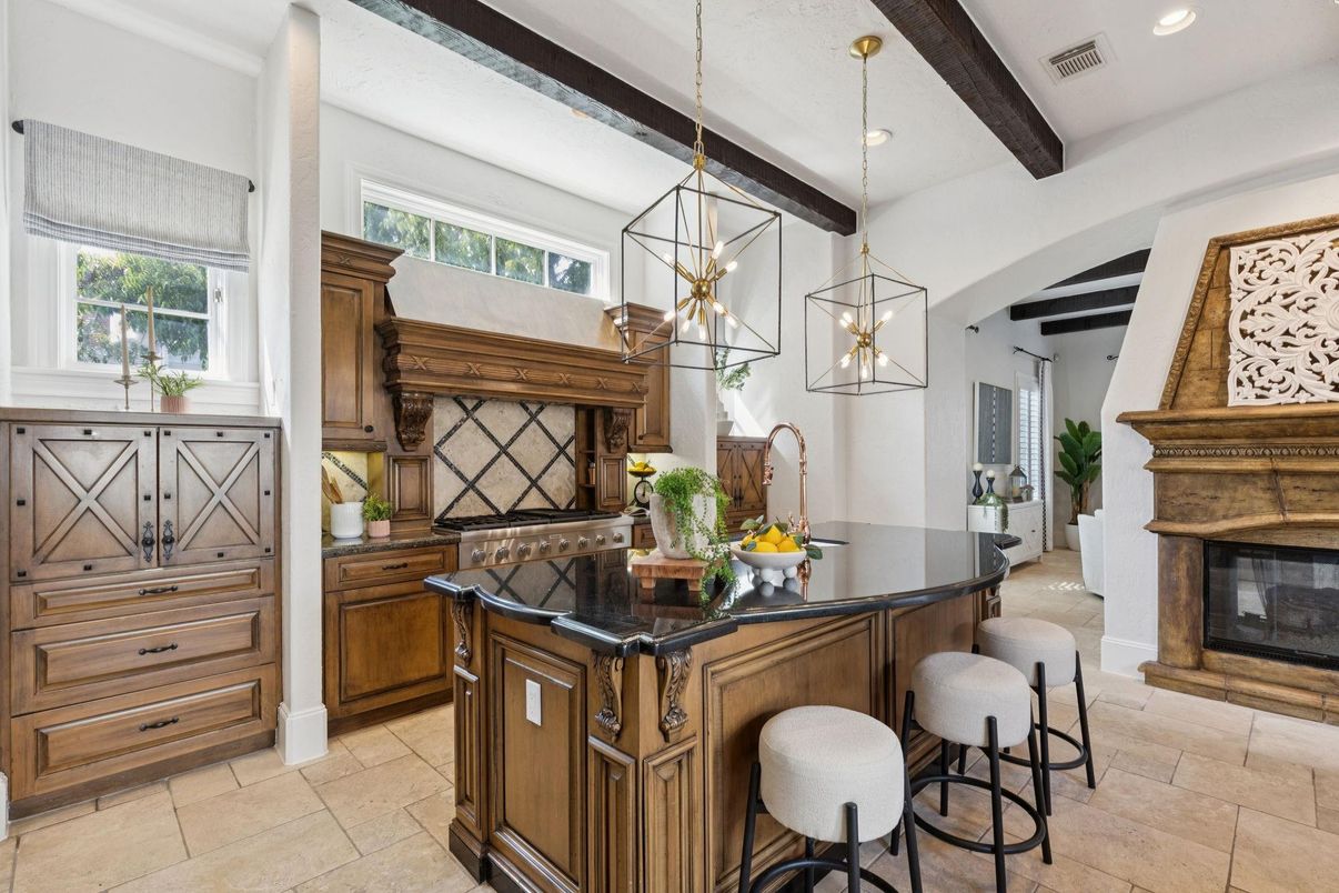 Fireplace, Interior, Kitchen, Pendant Lights, Recessed Lighting, Wooden Beams
