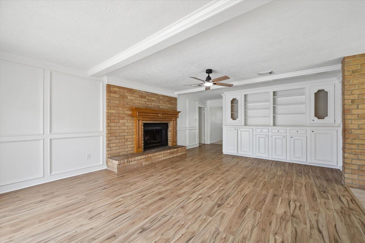 Empty room, Fireplace, Interior, Stone Walls, Wood Texture Flooring