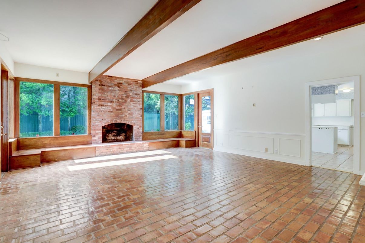 Empty room, Fireplace, Interior, Recessed Lighting, Wooden Beams