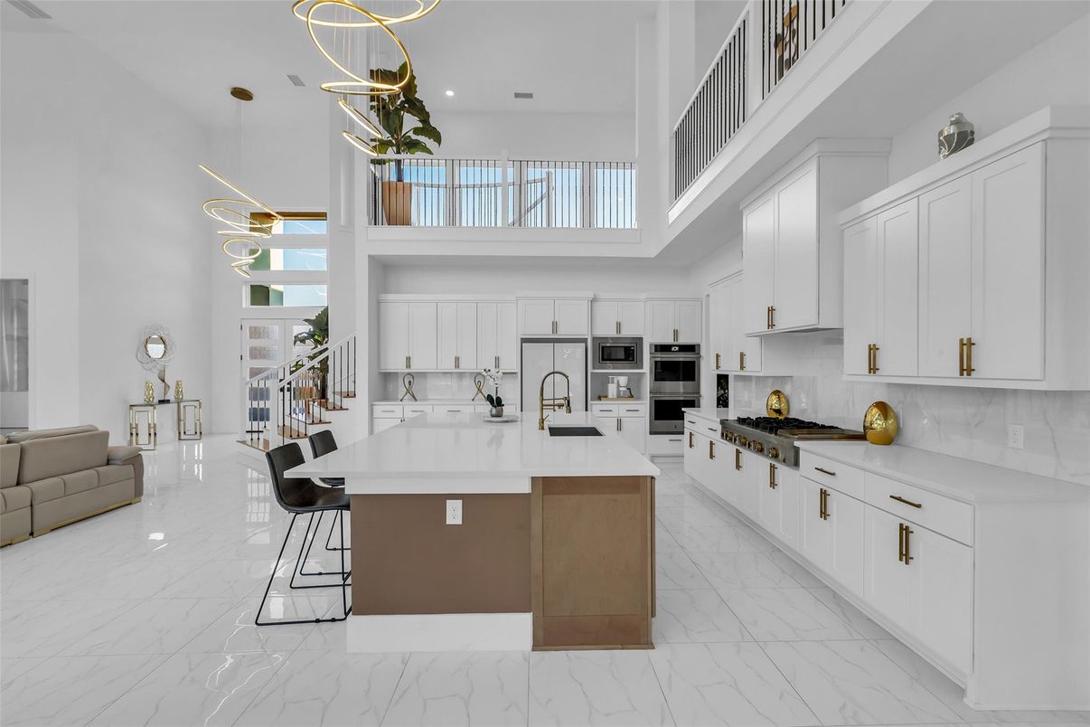 Interior, Kitchen, Marble, Pendant Lights, Recessed Lighting, Stainless Steel Appliances