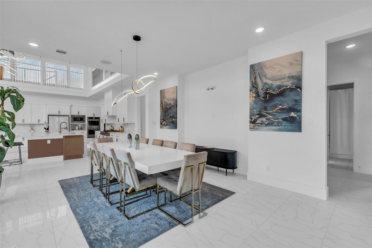 Dining room, Interior, Kitchen, Marble, Pendant Lights, Recessed Lighting, Stainless Steel Appliances