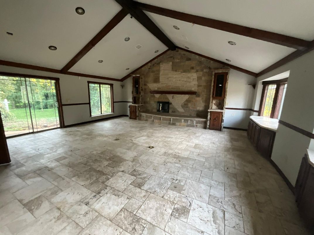 Empty room, Interior, Recessed Lighting, Stone Walls, Wooden Beams
