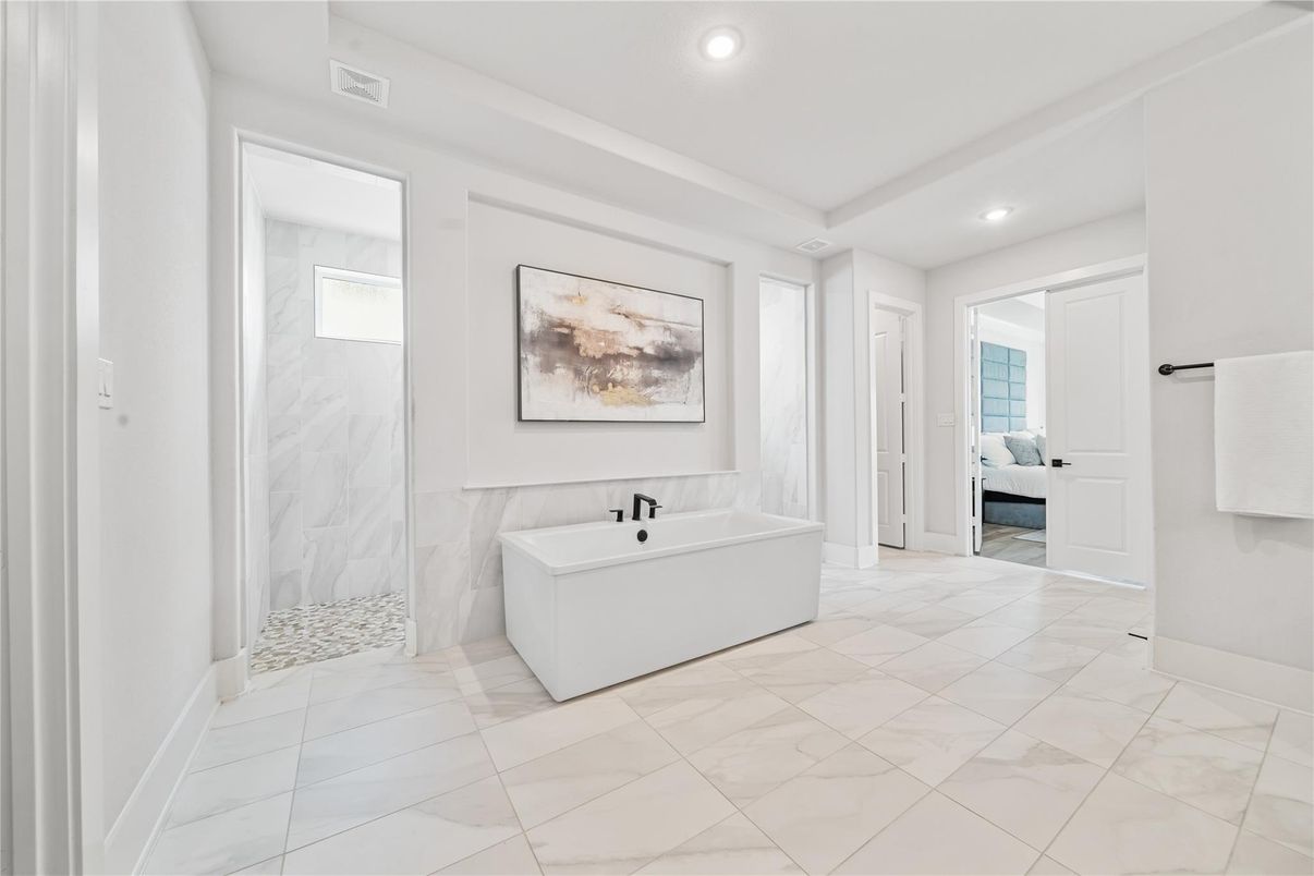 Bathroom, Free Standing Baths, Interior, Marble, Marble Walls, Recessed Lighting