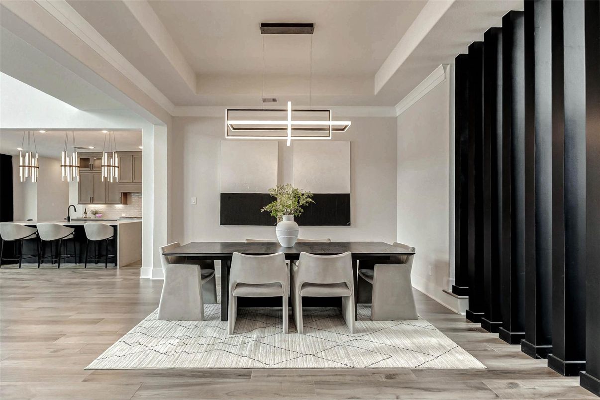 Dining room, Interior, Kitchen, Pendant Lights, Wood Texture Flooring