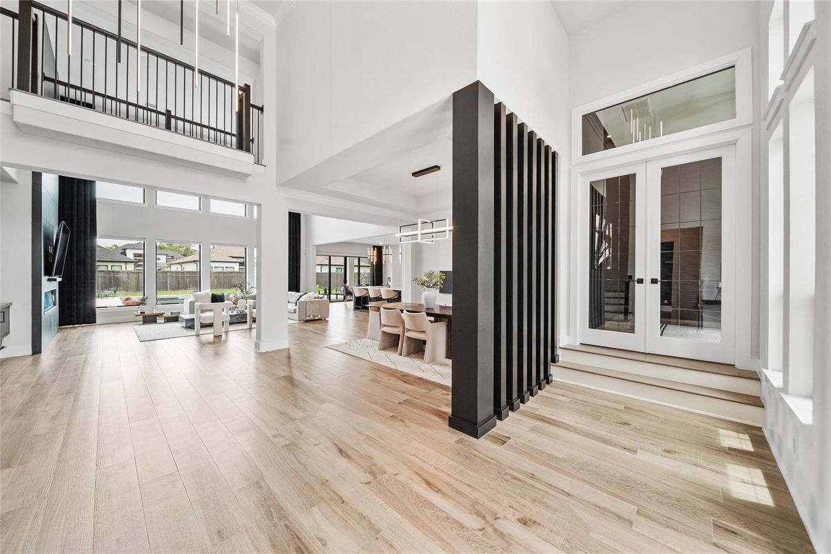 Dining room, Interior, Living room, Pendant Lights, Wood Texture Flooring