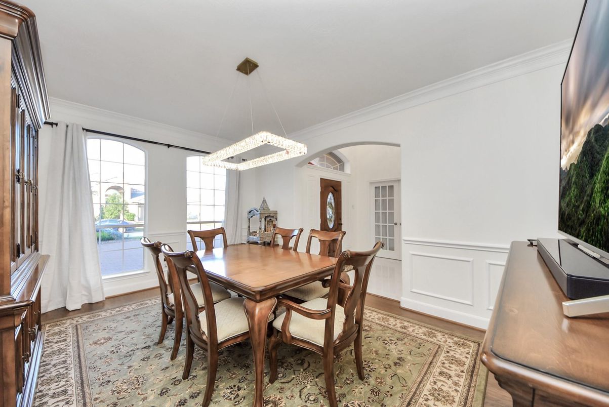 Dining room, Interior, Pendant Lights, Wood Texture Flooring
