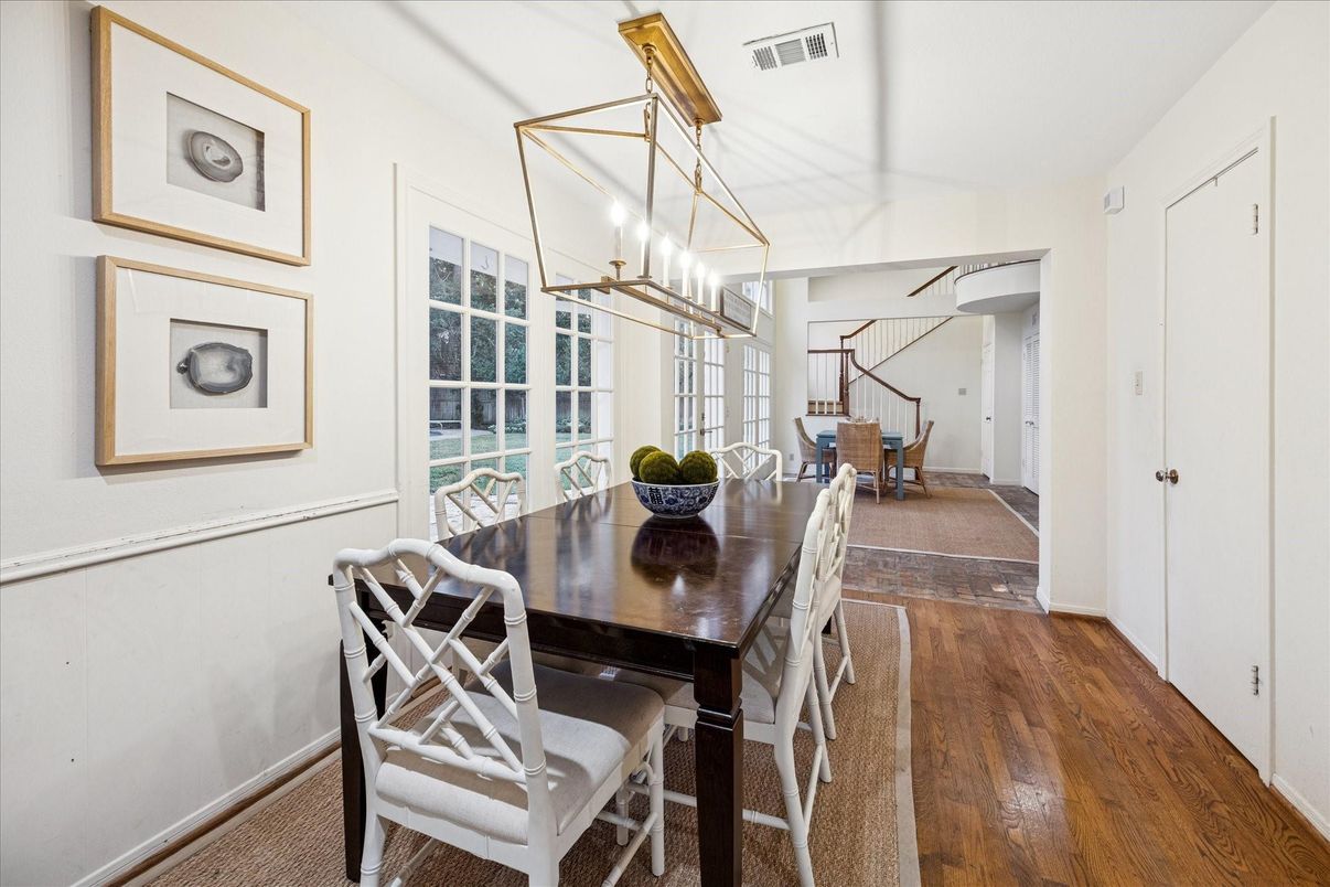 Dining room, Interior, Pendant Lights, Wood Texture Flooring