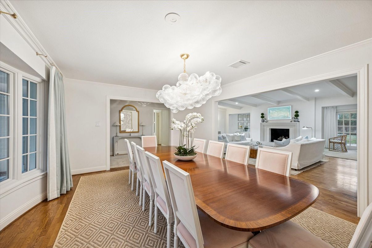 Chandelier, Dining room, Fireplace, Interior, Living room, Recessed Lighting, Wood Texture Flooring