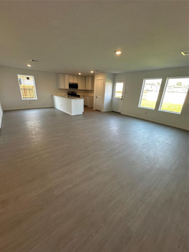 Empty room, Interior, Kitchen, Recessed Lighting, Wood Texture Flooring