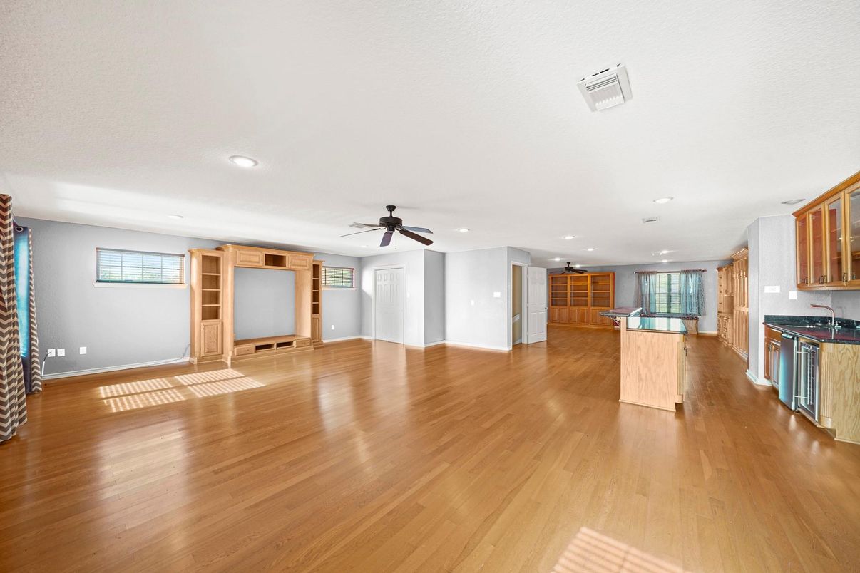 Empty room, Interior, Kitchen, Recessed Lighting, Wood Texture Flooring