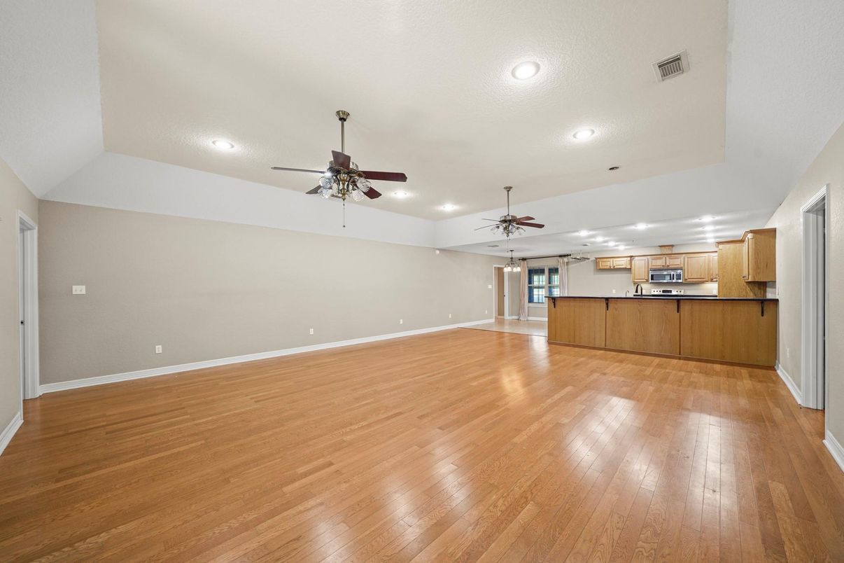 Empty room, Interior, Kitchen, Recessed Lighting, Wood Texture Flooring