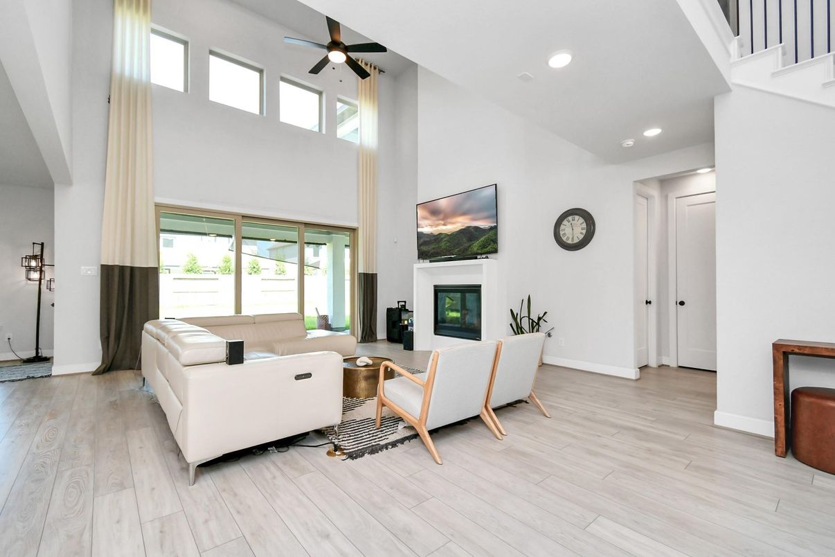 Fireplace, Interior, Living room, Recessed Lighting, Wood Texture Flooring