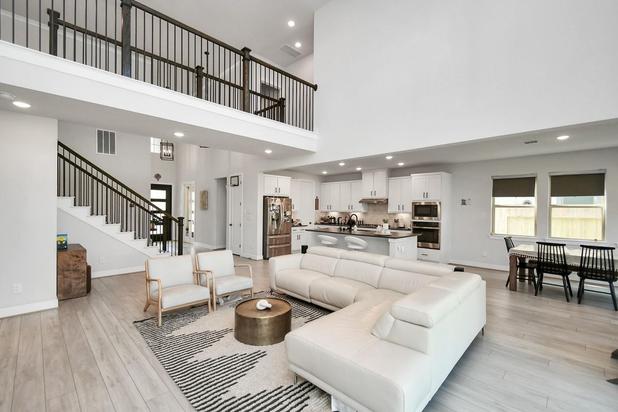 Dining room, Interior, Kitchen, Living room, Recessed Lighting, Stainless Steel Appliances, Wood Texture Flooring