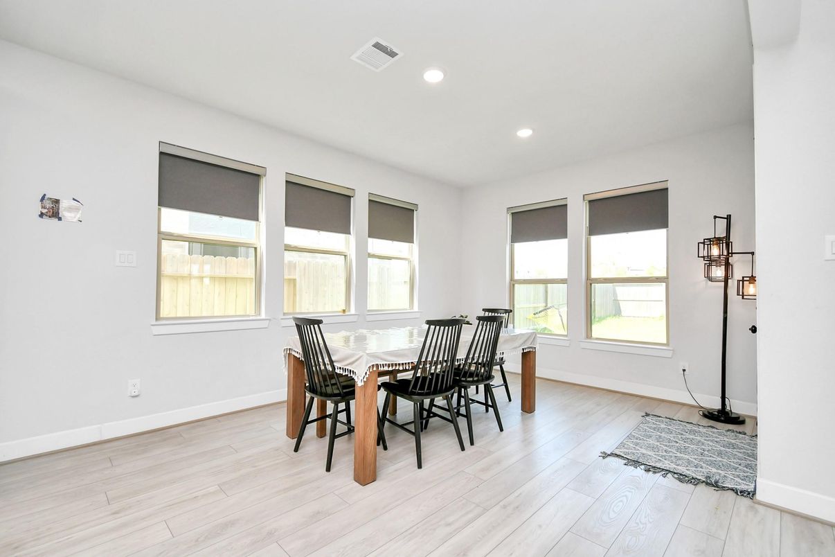 Dining room, Interior, Recessed Lighting, Wood Texture Flooring