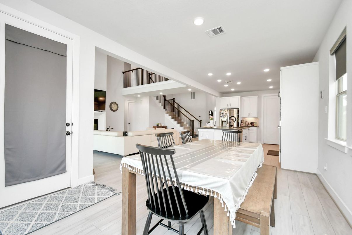 Dining room, Interior, Kitchen, Recessed Lighting, Wood Texture Flooring