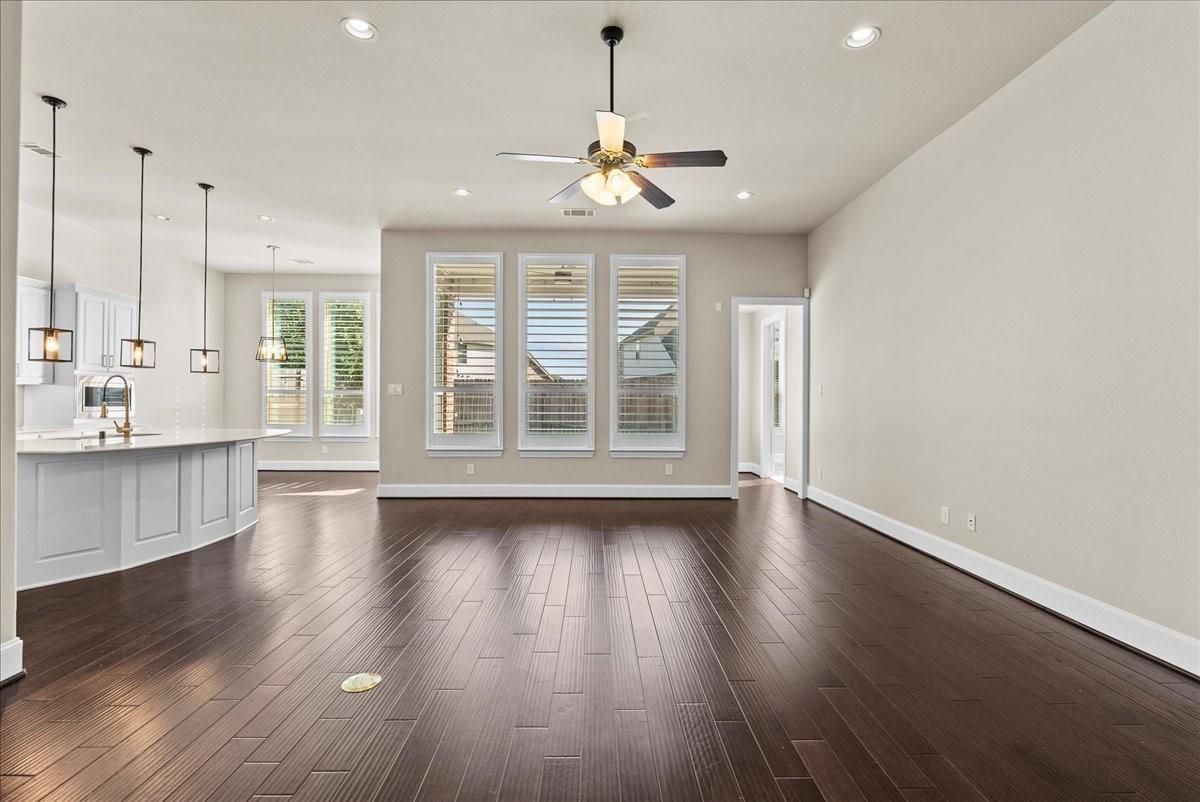 Empty room, Interior, Kitchen, Pendant Lights, Recessed Lighting, Wood Texture Flooring