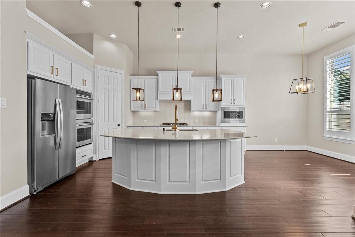 Interior, Kitchen, Pendant Lights, Recessed Lighting, Stainless Steel Appliances, Wood Texture Flooring