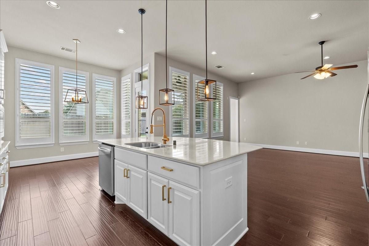 Interior, Kitchen, Pendant Lights, Recessed Lighting, Wood Texture Flooring