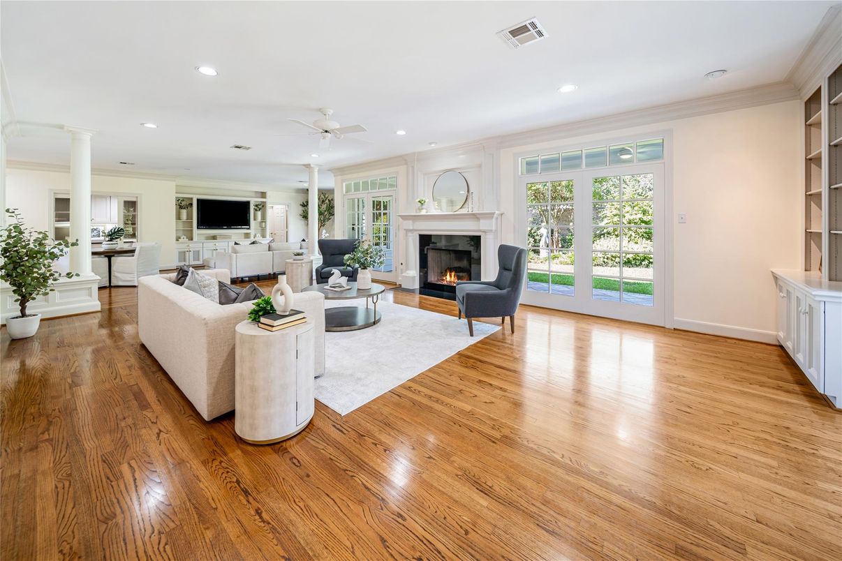 Fireplace, Interior, Living room, Recessed Lighting, Wood Texture Flooring