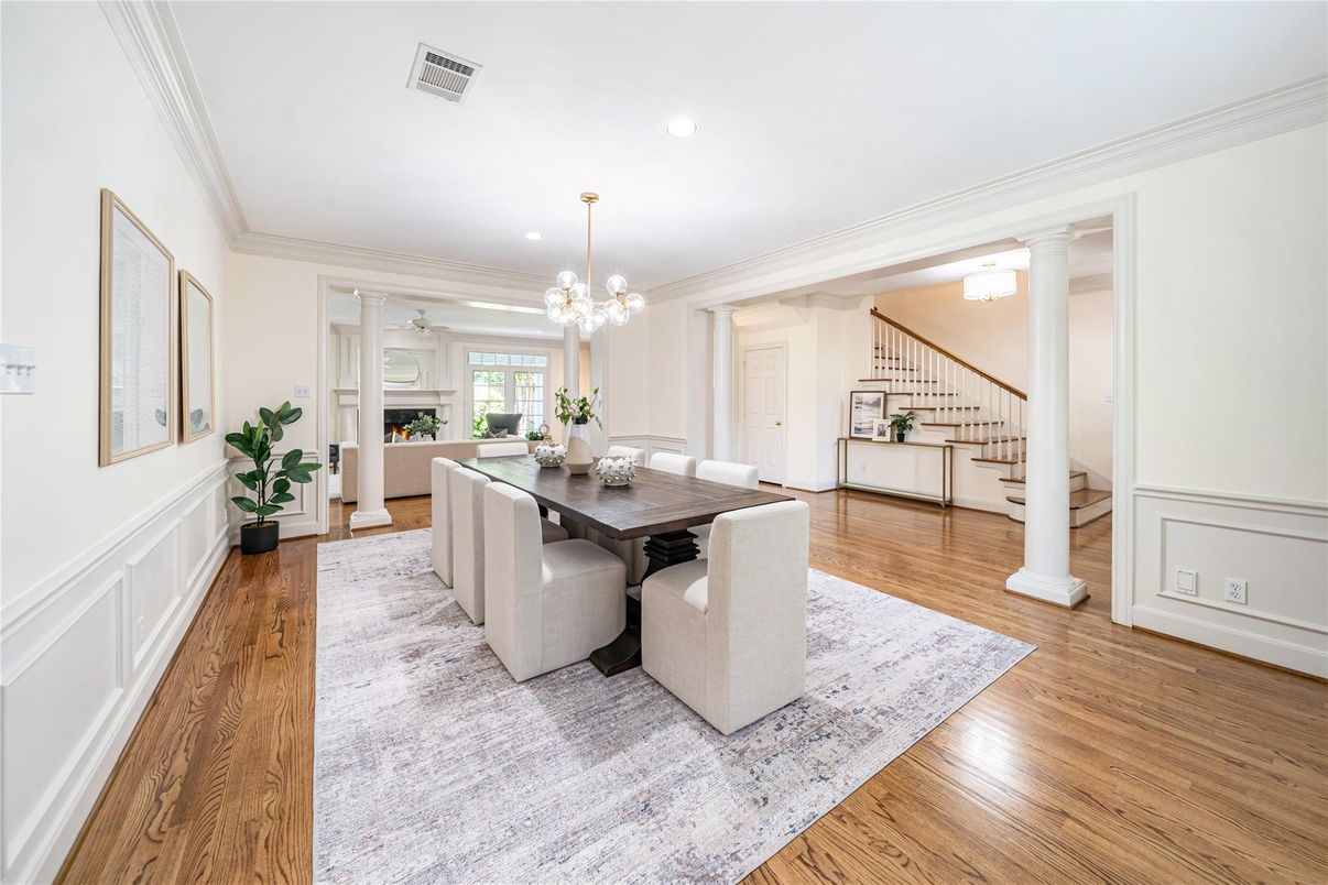 Chandelier, Dining room, Fireplace, Interior, Pendant Lights, Recessed Lighting, Wood Texture Flooring