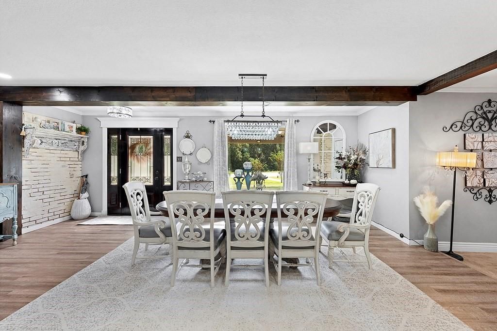 Dining room, Interior, Pendant Lights, Recessed Lighting, Wooden Beams, Wood Texture Flooring