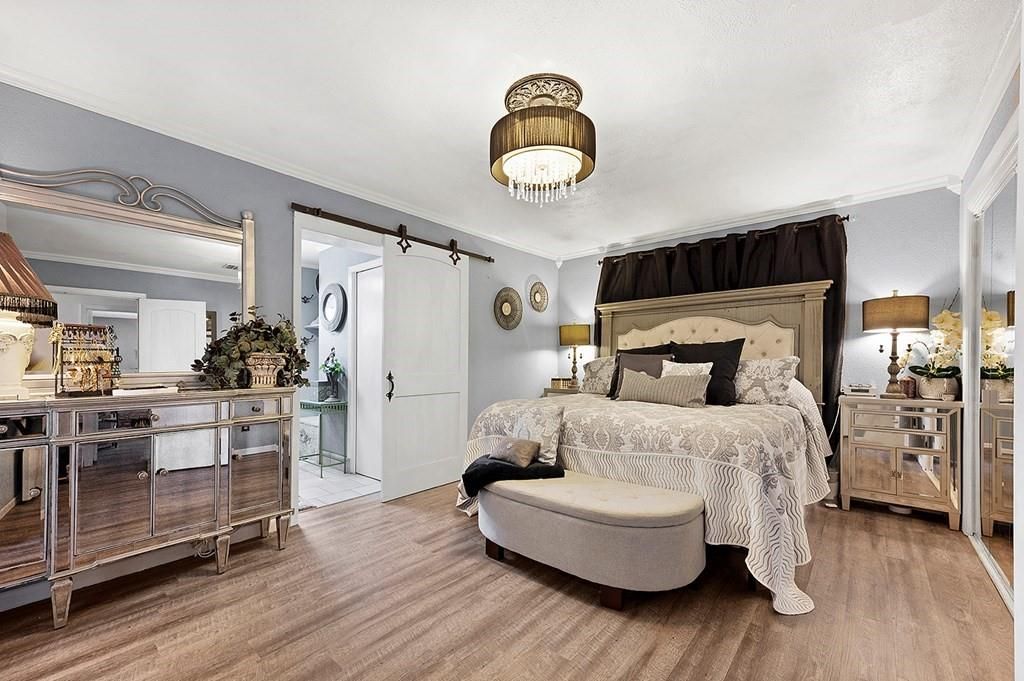 Bedroom, Chandelier, Interior, Wood Texture Flooring
