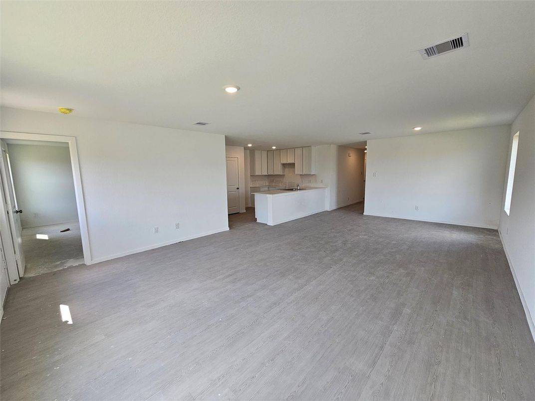 Empty room, Interior, Kitchen, Recessed Lighting, Wood Texture Flooring