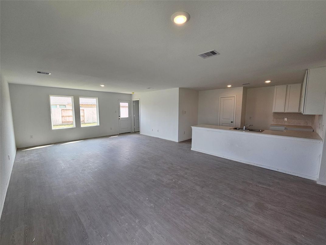Empty room, Interior, Kitchen, Recessed Lighting, Wood Texture Flooring