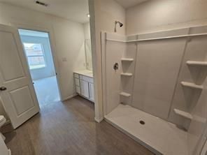 Bathroom, Interior, Recessed Lighting, Walk-in Closets, Wood Texture Flooring