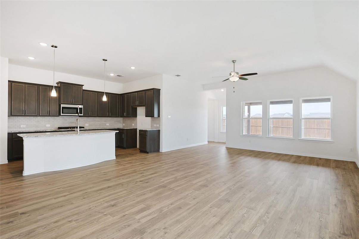 Empty room, Interior, Kitchen, Pendant Lights, Recessed Lighting, Wood Texture Flooring