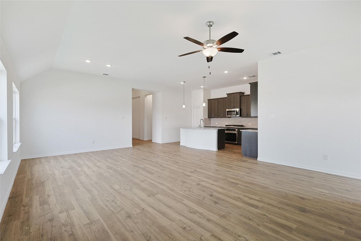 Empty room, Interior, Kitchen, Pendant Lights, Recessed Lighting, Wood Texture Flooring