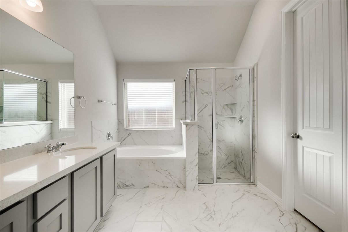 Bathroom, Dual Sink Vanities, Glass Shower, Interior, Marble, Marble Walls