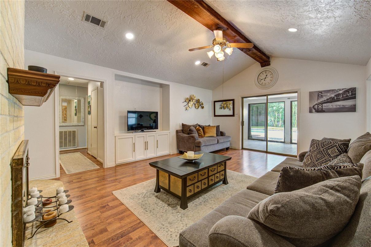 Fireplace, Interior, Living room, Recessed Lighting, Wood Texture Flooring