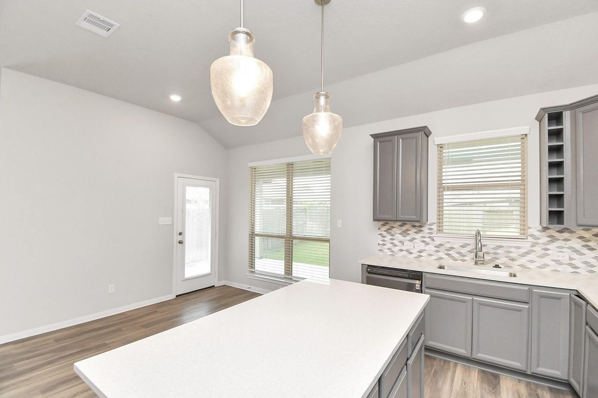 Interior, Kitchen, Pendant Lights, Recessed Lighting, Wood Texture Flooring